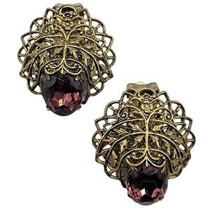 Gold Tone Filigree Purple Rhinestone Clip On Earrings